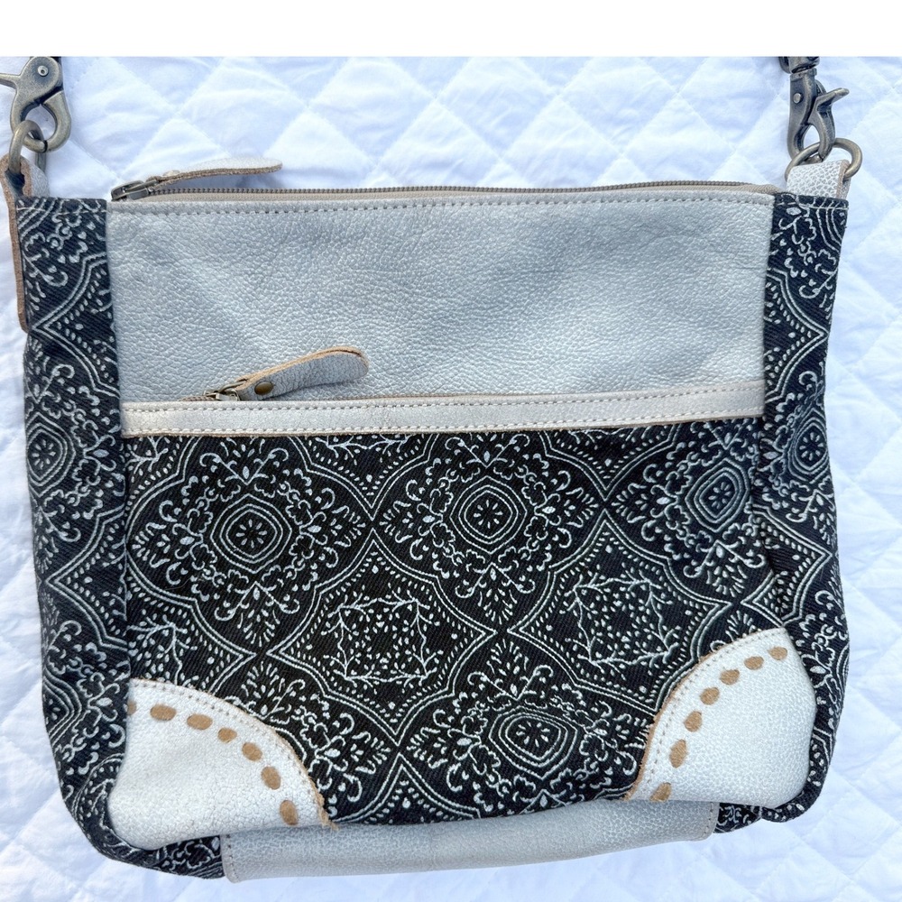 Myra Upcycled Canvas Leather Crossbody Moroccan Nights Print Boho Dark Blue Gray